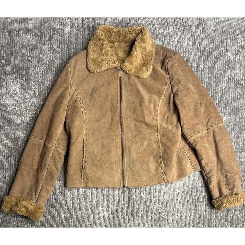 Vtg Winlit Womens Suede Faux Fur Lined Leather Jacket L Boho Indie Sleaze Y2K